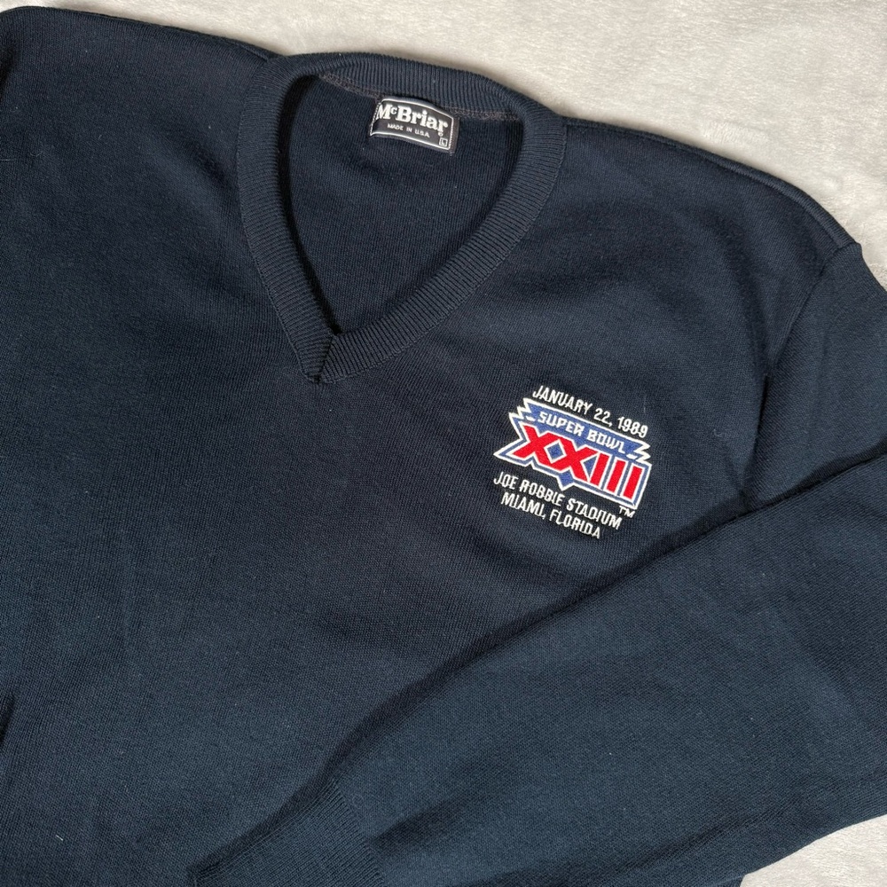 Vintage NFL Superbowl XXIII V Neck Sweater Mens L Acrylic Miami Florida 1989 80s